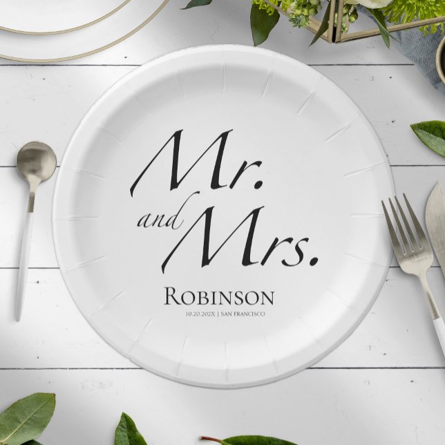 Modern Mr. and Mrs. Script | Black & White Wedding Paper Plate (Creator Uploaded)