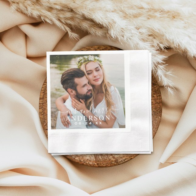 Modern Mr and Mrs Script Photo Wedding Napkin (Creator Uploaded)