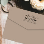 Modern Mr and Mrs Script Return Address Self-inking Stamp<br><div class="desc">This modern self-inking rubber stamp features "Mr and Mrs" in delicate calligraphy script paired with your couple surname and address in clean uppercase typography. Perfect for newlyweds branding wedding invitations, save the dates, thank you notes, and everyday correspondence. A thoughtful keepsake for engaged couples, bridal shower gifts, and housewarming presents....</div>