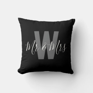 Modern Mr Mrs Black White Monogram Cushion