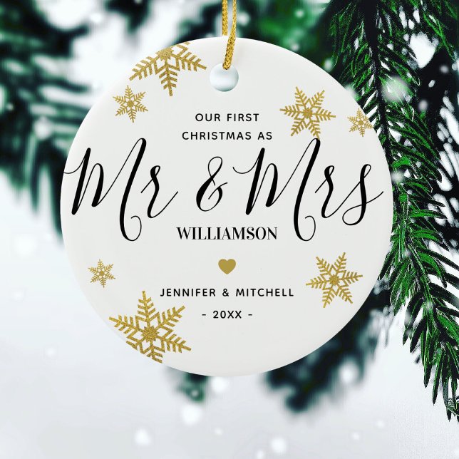 Modern Mr & Mrs Gold Snowflake Our 1st Christmas Ceramic Tree Decoration (Creator Uploaded)