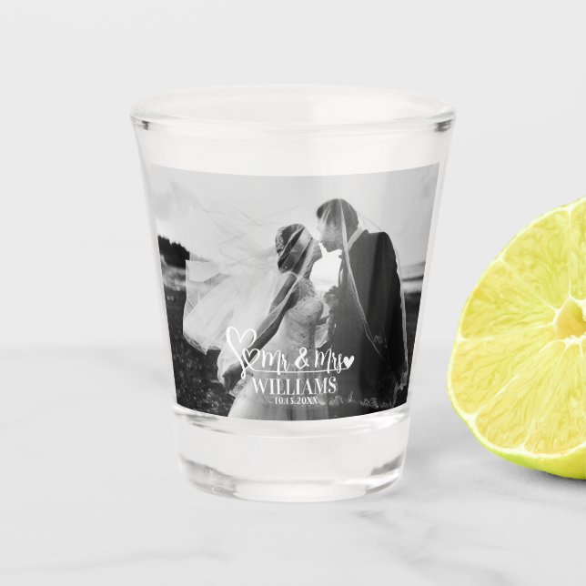 Modern Mr & Mrs Newlywed Photo Custom Wedding  Shot Glass (Front)