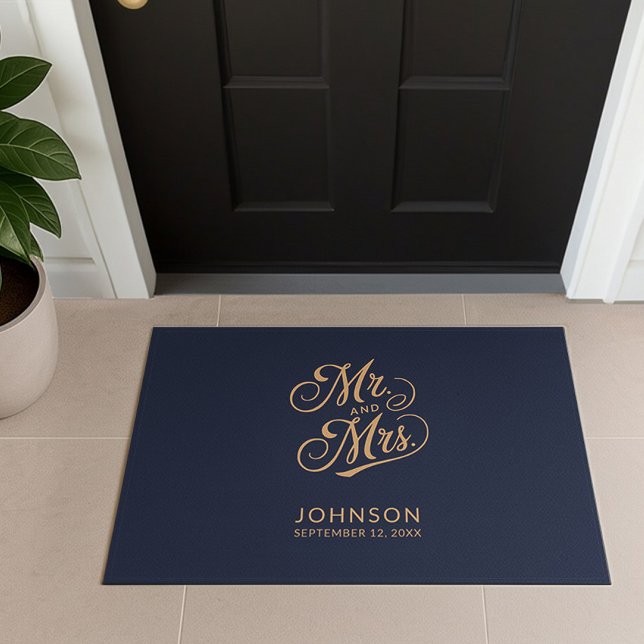 Modern Mr & Mrs Script Couple Family Name Wedding Doormat (Creator Uploaded)