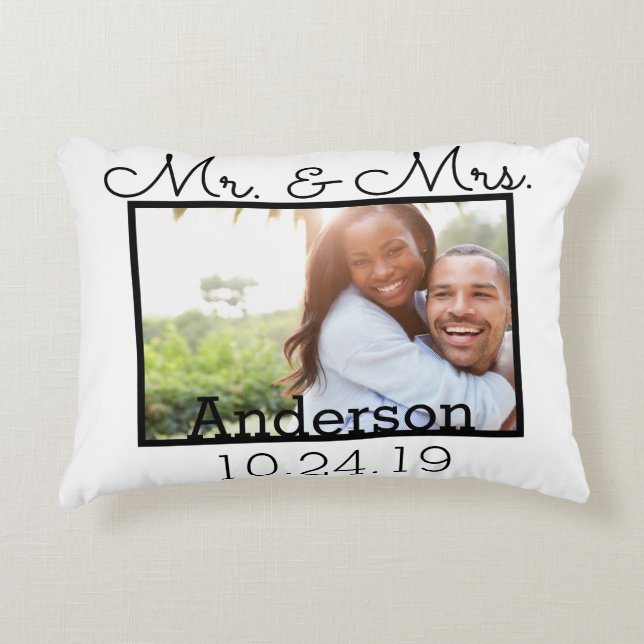 Modern Mr. & Mrs. Wedding Photo Family Name Decorative Cushion (Front)