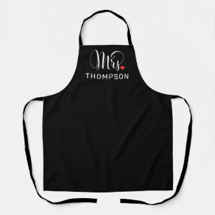 Modern Mrs Calligraphy Heart Monogram Black Apron