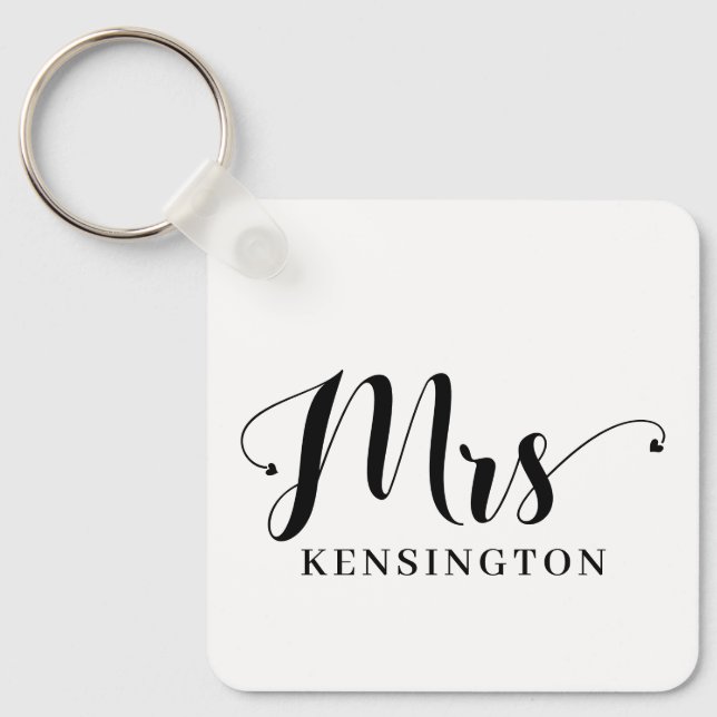 Modern Mrs Newlywed Typography Photo Metal Key Ring (Front)