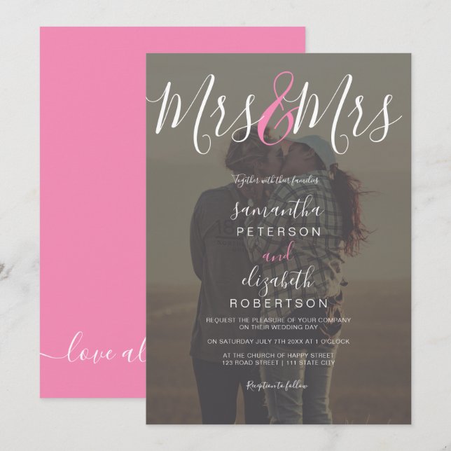 Modern mrs script pink photo lesbian wedding invitation (Front/Back)