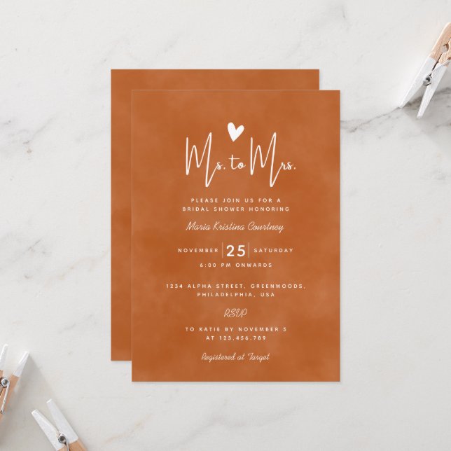 Modern Ms to Mrs Bridal Shower Burnt Orange Invitation (Front/Back In Situ)