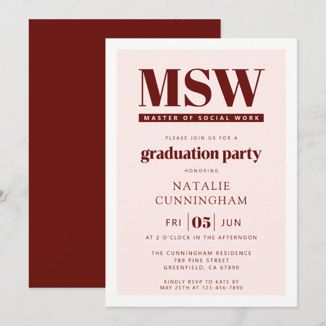 Modern MSW Master of Social Work Graduation Invitation (Front/Back)