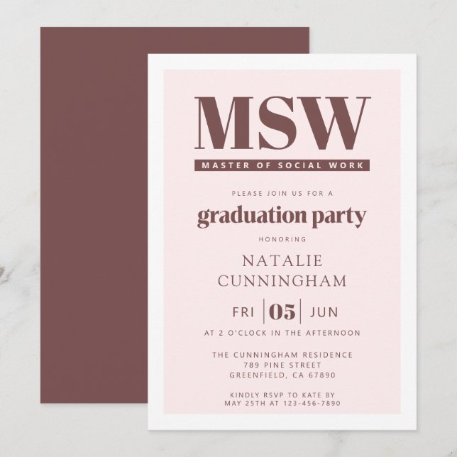 Modern MSW Master of Social Work Graduation Invitation (Front/Back)