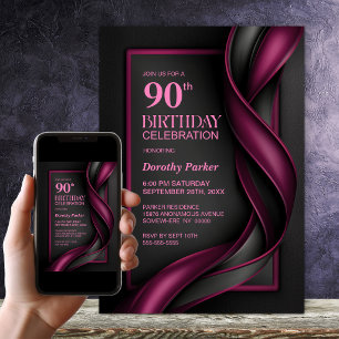 Modern Mulberry Red and Black 90th Birthday Party Invitation