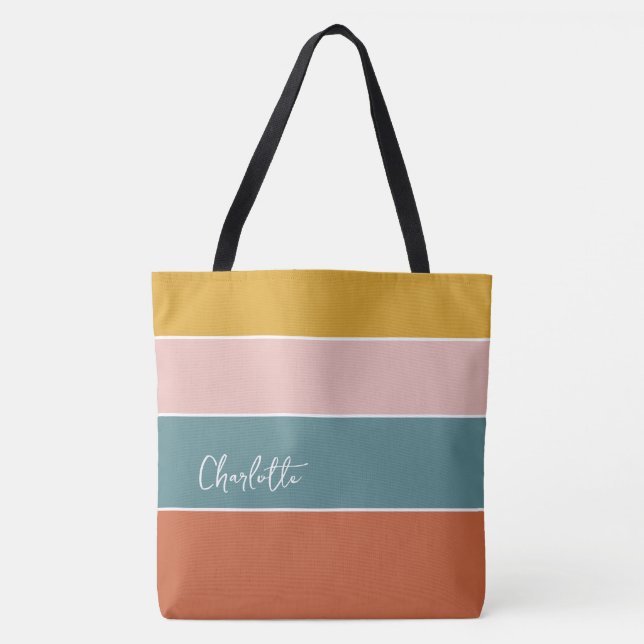 Modern Multi Colour Block Stripes Personalised     Tote Bag (Front)
