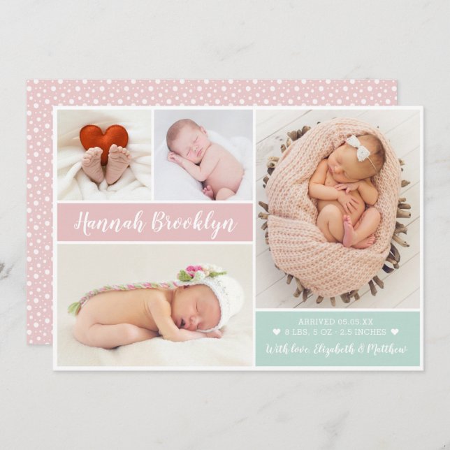 Modern Multi Photo Birth Announcement Card (Front/Back)