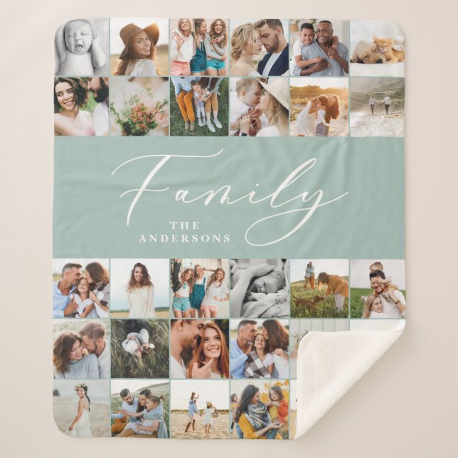 Modern multi photo blue script family elegant sher sherpa blanket (Front)