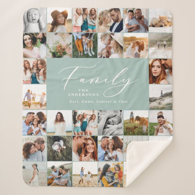Modern multi photo blue script family elegant sherpa blanket (Front)
