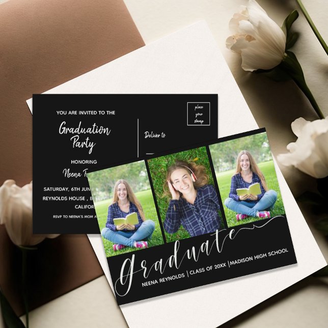 Modern Multi Photo Class of 2026 Graduation Party  Invitation Postcard (Modern Multi Photo Class of 2026 Graduation Party Invitation Postcard)