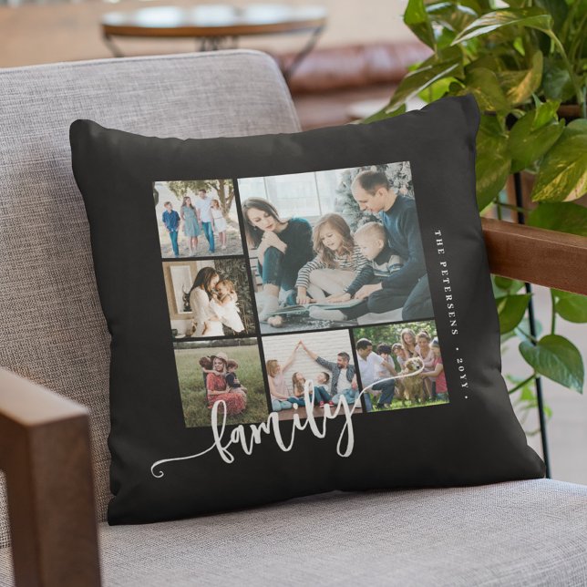 Modern multi photo collage family script keepsake cushion (Creator Uploaded)