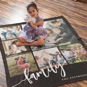 Modern multi photo collage family script keepsake fleece blanket