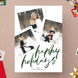 modern multi photo collage green brush happy holiday card