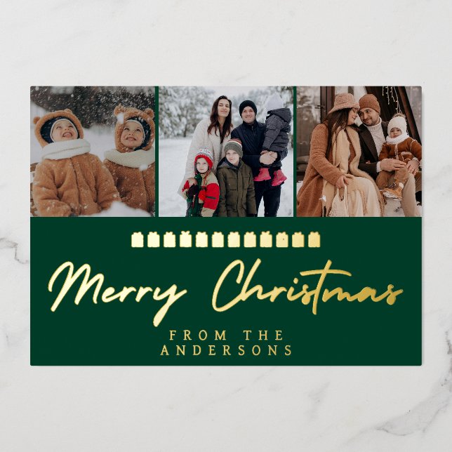 Modern Multi Photo Collage Merry Christmas Foil Holiday Card (Front)