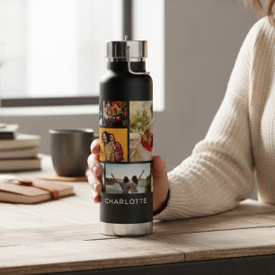 Modern Multi Photo Collage Personalised Name Water Bottle