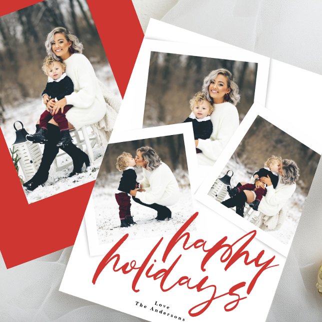 modern multi photo collage red brush happy holiday card (Creator Uploaded)