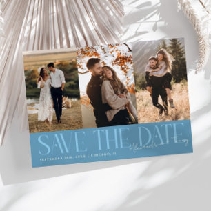 Modern Multi Photo Couple's Signature Denim Blue Save The Date