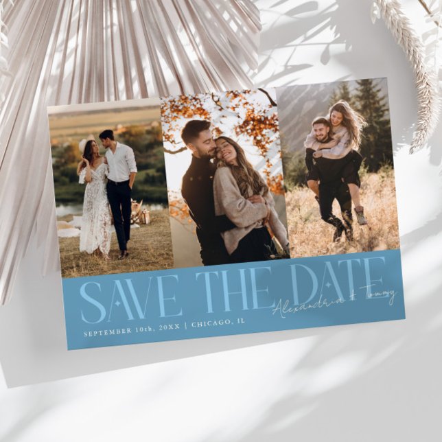 Modern Multi Photo Couple's Signature Denim Blue Save The Date (Creator Uploaded)