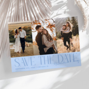 Modern Multi Photo Couple's Signature Icy Blue Save The Date