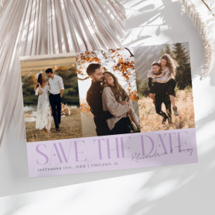 Modern Multi Photo Couple's Signature Purple Save The Date