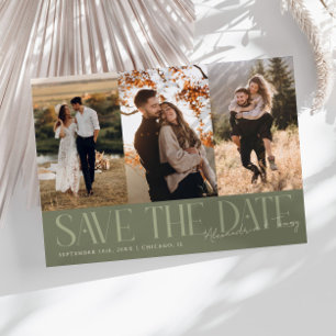 Modern Multi Photo Couple's Signature Sage Green Save The Date