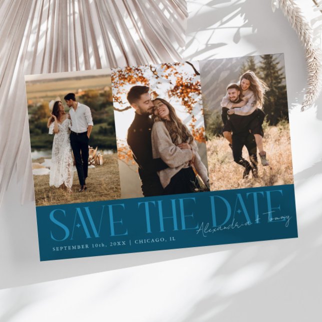 Modern Multi Photo Couple's Signature Teal Save The Date (Creator Uploaded)