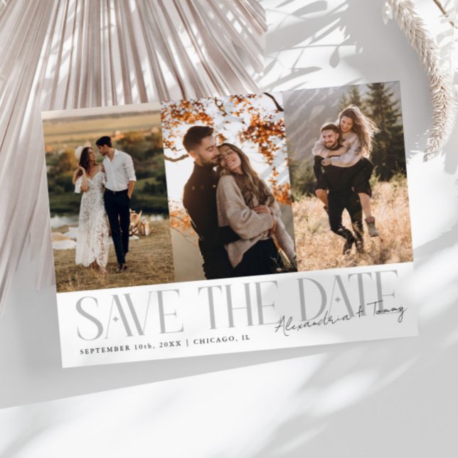 Modern Multi Photo Couple's Signature White Save The Date (Creator Uploaded)
