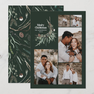 Modern multi photo elegant botanical green chic holiday card