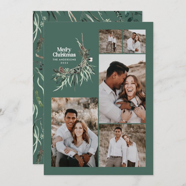Modern multi photo elegant botanical sage green holiday card (Front/Back)