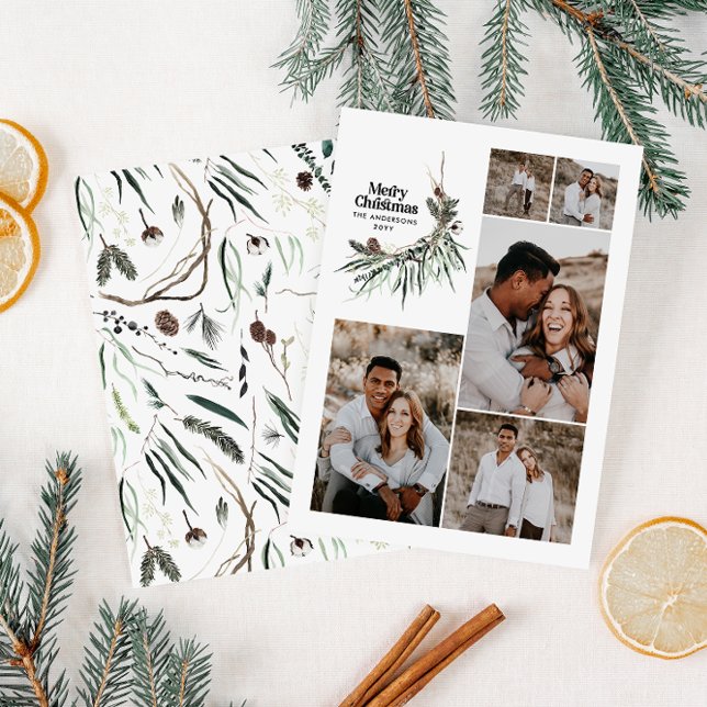 Modern multi photo elegant watercolor botanical ho holiday card (Creator Uploaded)