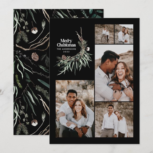 Modern multi photo elegant watercolor botanical holiday card (Front/Back)