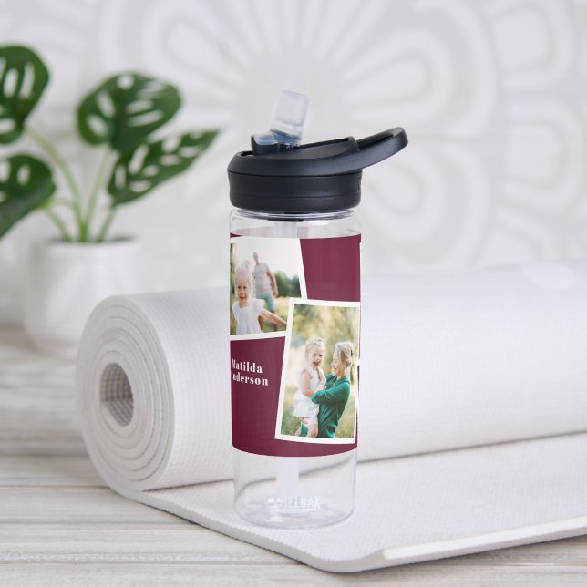 Modern multi photo family burgundy simple family water bottle (Yoga)