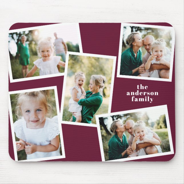 Modern multi photo family burgundy simple mouse mat (Front)