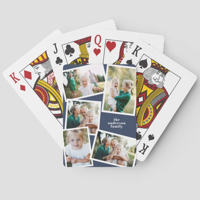 Modern multi photo family navy blue elegant playing cards (Back)