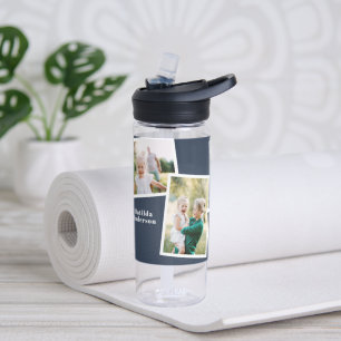 Modern multi photo family navy blue simple family water bottle