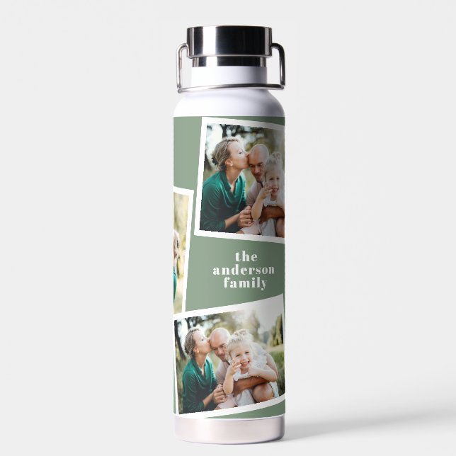 Modern multi photo family sage green simple family water bottle (Back)