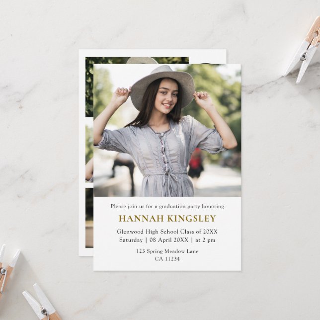 Modern Multi Photo Girl Graduation Invitation (Front/Back In Situ)