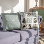 Modern Multi Photo Grid Cute MOM Gift  Cushion<br><div class="desc">Showcase your cherished family moments on the ultimate mom pillow. Choose a modern collage design that features 6 square photos,  teal MOM text,  and a 'World's Best Mommy' reverse side with an adorable quote! Add a personal touch with customizable names and colors for a heartwarming gift.</div>
