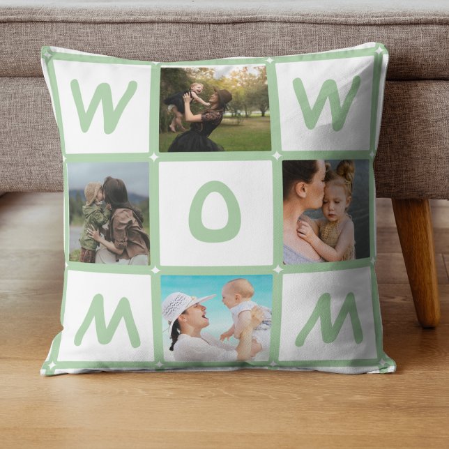 Modern Multi Photo Grid Cute WOW MOM Gift Cushion (Creator Uploaded)