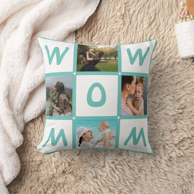 Modern Multi Photo Grid Cute WOW MOM Gift Cushion (Blanket)