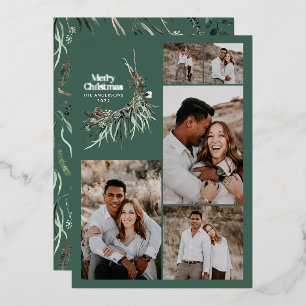 Modern multi photo sage green watercolor botanical foil holiday card