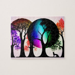 Modern Multicolor Abstract Black Silhouette Scene Jigsaw Puzzle
