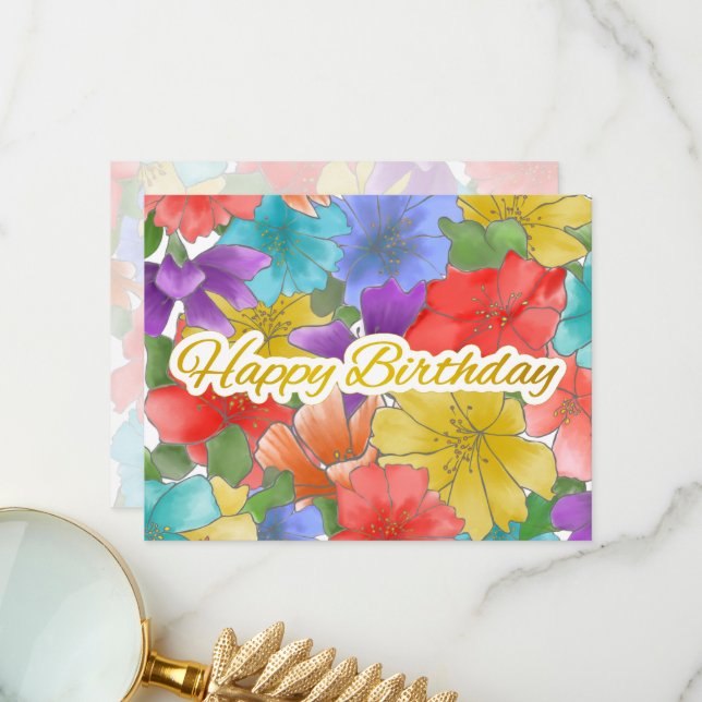 Modern Multicolor Floral Gold Happy Birthday Card (Front/Back In Situ)