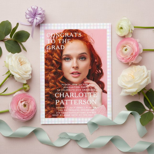 Modern Multicolor Gingham Photo Graduation Party Acrylic Invitations (Creator Uploaded)